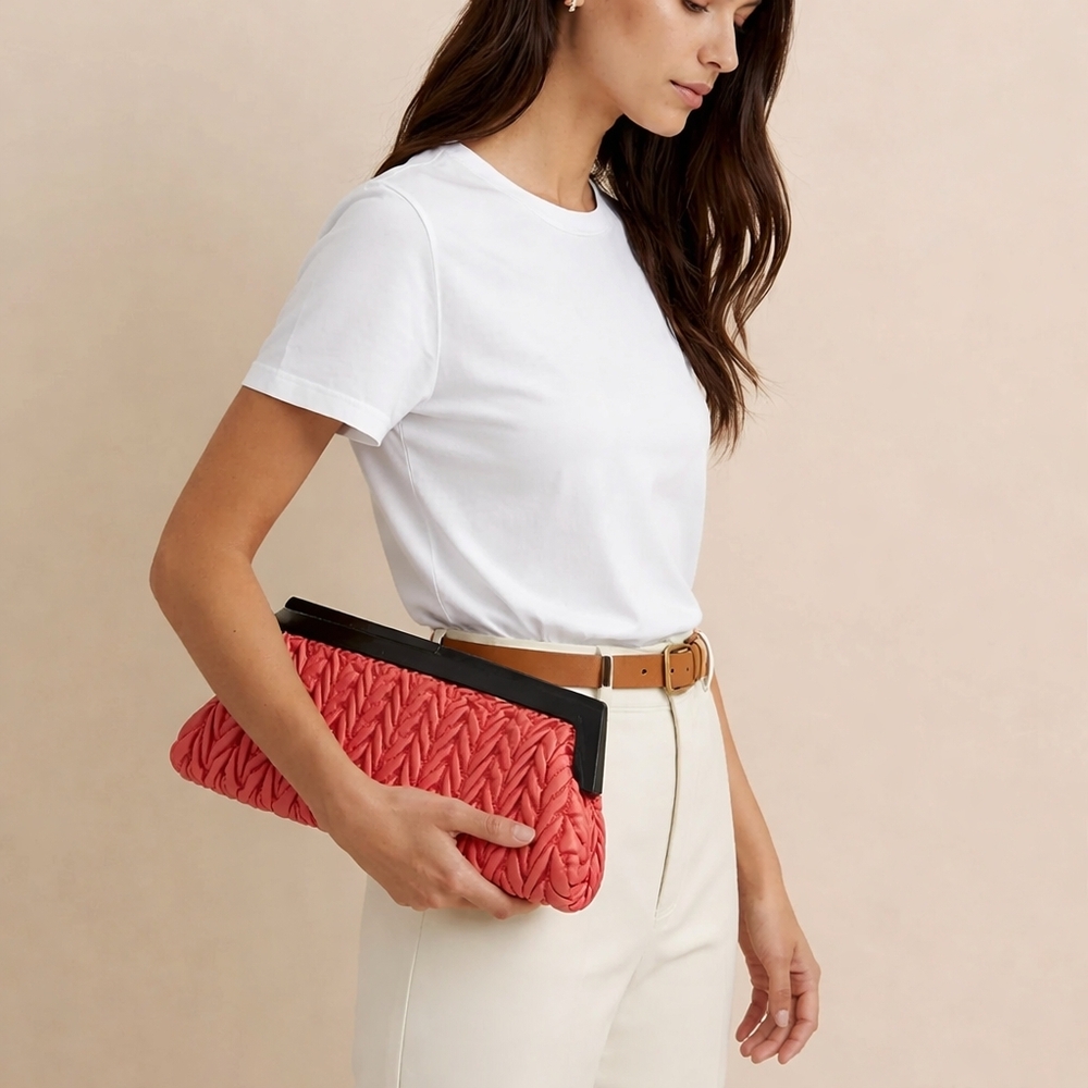 Unique MCM Aesthetic Clutch. Retro Coral Dark Wood